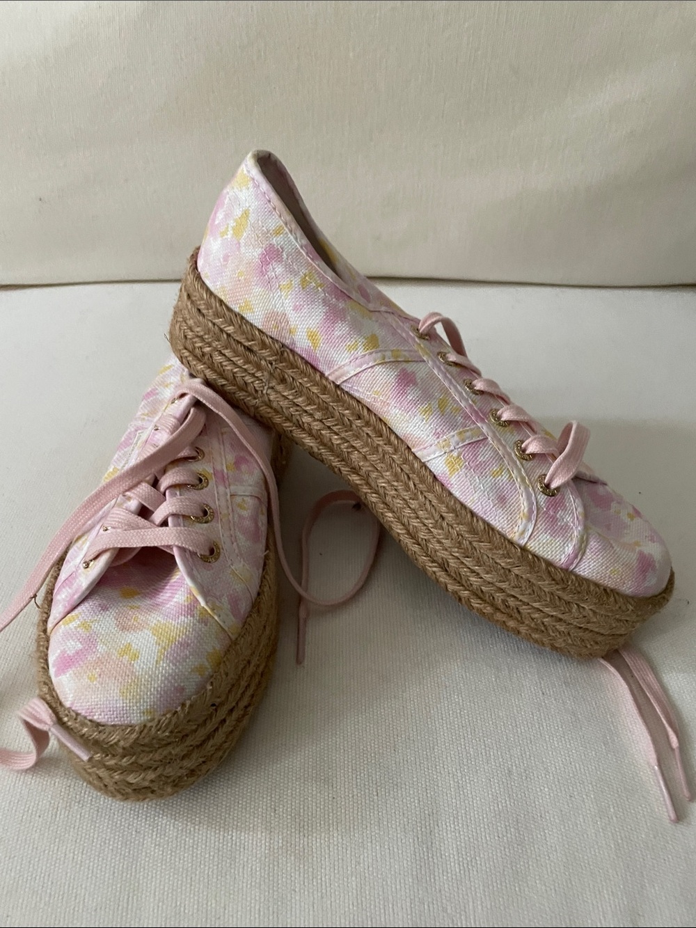 Superga Pink and Yellow Floral Jute Platform Sneakers